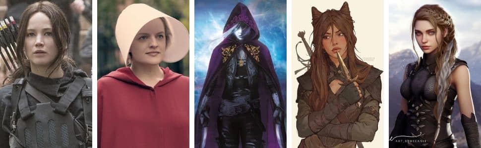 Personajes femeninos fuertes: la vulnerabilidad es poder 1 Aparecen las imagenes de los cinco personajes nombrados, de izquierda a derecha: Katniss, Offred, Aelyn, Jude duerte y Violet Sorrengail.