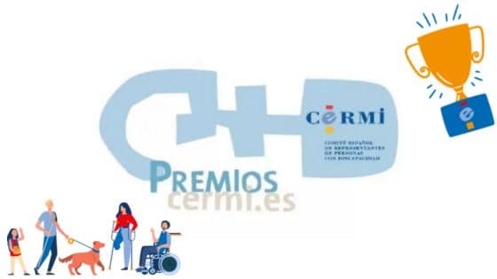 En el centro el logo de los premios, abajo a la izquierda dibujos de varias personas con discapacidad (en silla de ruedas, con bastón por la ceguera, etc.) arriba a la derecha una copa amarilla.