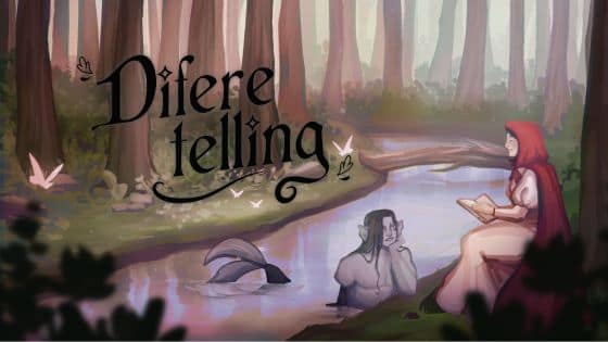 Imagen de la portada: En la mitad superior de la imagen hay muchos troncos de árboles de fondo, es un bosque. Sobre esta parte está el título dividido en dos partes: arriba pone Difere (de diferente) y abajo telling (de retelling), la letra es de estilo cuento con adornos de hojas al principio y final. En la versión en papel estas hojitas aparecen también donde las páginas. En la mitad inferior de la ilustración están caperucita roja a la derecha sentada sobre una roca o algo que no se ve porque lo tapa un arbusto.Lleva un vestido rosa claro y una caperuza roja sobre el pelo, tiene los ojos cerrados y está sonriendo con un libro entre las manos: con una lo sujeta y con la otra toda las páginas porque está en braille. Al lado izquierdo, saliendo del río (solo se le ve el torso) está un tritón azul escuchando las historias. Tiene el pelo largo, un brazo lo tiene apoyado en el codo sobre la hierba y su barbilla sobre la mano y el otro brazo le falta. Lleva un implante coclear que le permite escuchar a caperucita.