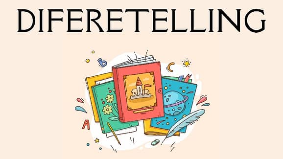 Sobre un fondo amarillento tipo hoja de papel vieja arriba pone con mayúsculas en un tipo de letra que pretende ser antigua: DIFERETELLING. Debajo y centrado un dibujo en el que hay varios cuadernos y cuentos esparcidos de colores diferentes. En el de la izquierda que es verde se ven unas flores, el del centro es rojo y tiene un castillo en la portada, el de la derecha es azul y tiene un planeta. Alrededor a modo de adornos hay letras como la A y la B, una estrella, una goma de borrar y una pluma de escribir.
