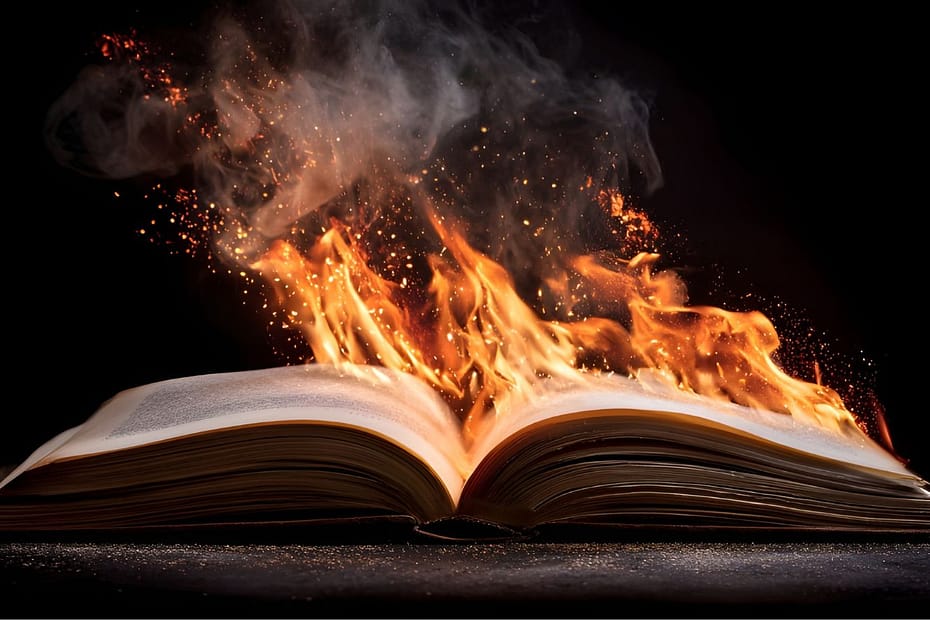 Libro abierto sobre fondo negro, en llamas.
